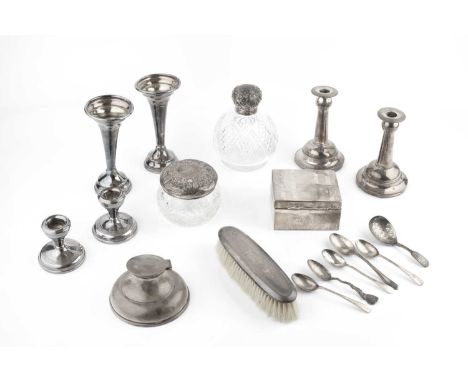 A collection of silver, comprising a pair of late Victorian dwarf candlesticks, by John Grinsell &amp; Sons, Birmingham 1893,