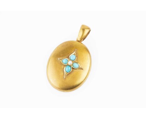 A Victorian gem set locket pendant, of hinged oval form, centred with a cabochon turquoise and half pearl quatrefoil, (half p