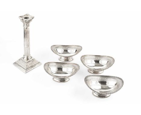 A silver candlestick, of fluted Corinthian form, on beaded stepped square base, by Britton, Gould &amp; Co., Birmingham 1936,