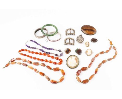A collection of antique and later jewellery, comprising a late Victorian silver bangle, of hinged oval form, with engraved de