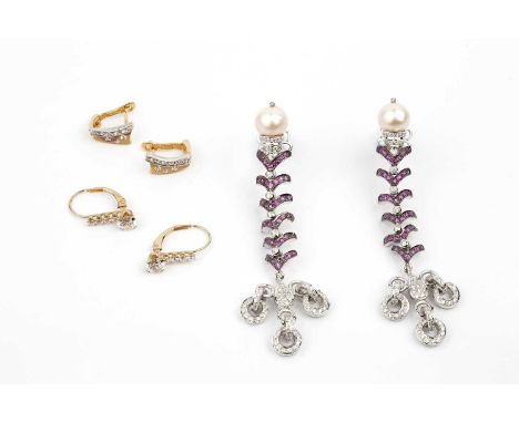 A pair of cultured pearl, diamond and gem set ear pendants, of articulated design, with wishbone-shaped channels of circular 