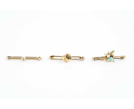 A diamond single stone bar brooch, the old-cut diamond in pinched claw setting, stamped '9ct', together with a half pearl and