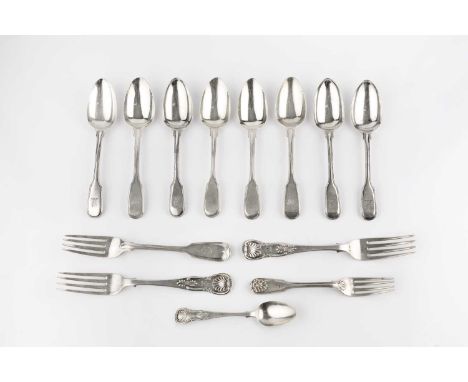 A small collection of 19th century silver fiddle and thread pattern flatware, comprising eight dessert spoons, and a table fo