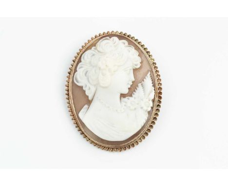 An oval shell cameo brooch, carved to depict a female portrait profile, within a ropetwist wirework border, stamped '9ct', le