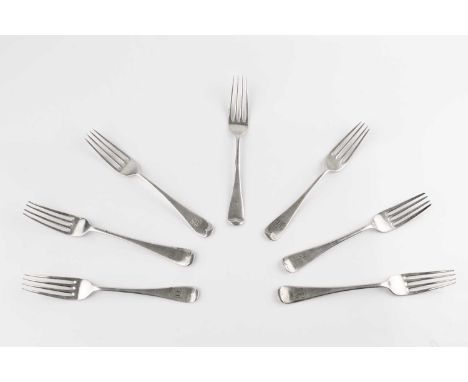 A set of six late Victorian silver Old English pattern dessert forks, by Walker &amp; Hall, Sheffield 1900, and a further sim