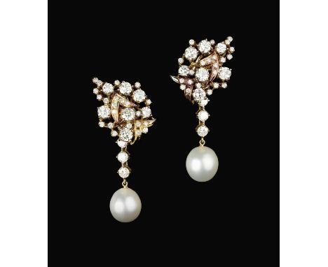 A pair of cultured pearl and diamond ear pendants, each designed as an openwork tiered cluster of graduated round brilliant-c