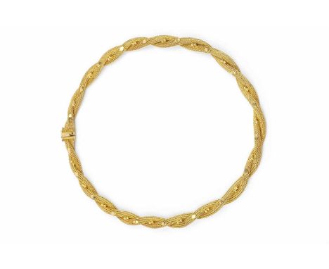 A yellow precious metal collar necklace, designed as two entwined strands of woven ropetwist links, applied with beaded decor