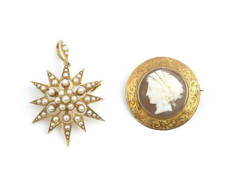 A late Victorian/Edwardian half pearl star brooch/pendant, with detachable pendant fitting, stamped '15ct', (half pearls unte