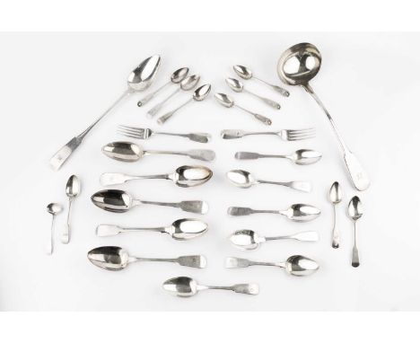 A quantity of 19th century Scottish silver fiddle pattern flatware, comprising a soup ladle, by James McKay, Edinburgh 1834, 