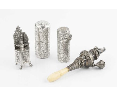 A late Victorian silver cylindrical scent bottle, engraved with stylised scrolling foliage and with glass liner and stopper, 