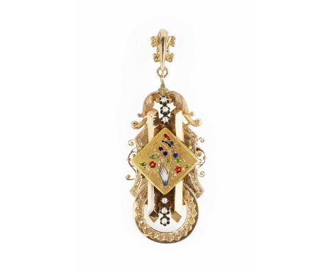 A 19th century enamel and pearl pendant/brooch, the tiered openwork panel edged with foliate scrolls and engraved borders, ce