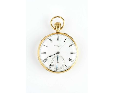 A Victorian 18ct gold open face pocket watch, the white enamel dial with Roman numerals, subsidiary seconds dial and blued st