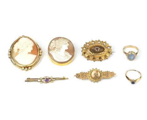 A collection of jewellery, comprising two oval shell cameo brooches, two panel brooches, a bar brooch, a single stone ring, a