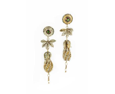 A pair of 19th century Indian pearl and stone set ear pendants, each surmounted by a circular panel with central cushion-shap