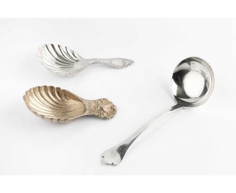 A silver caddy spoon, with scalloped bowl and bright cut handle, by Thomas Bradbury &amp; Sons, Sheffield 1919, 8.5cm; anothe