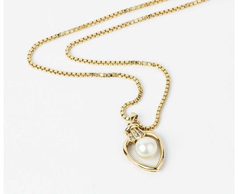 A cultured pearl and diamond pendant on chain, the openwork pendant suspending a single cultured pearl drop, surmounted by th
