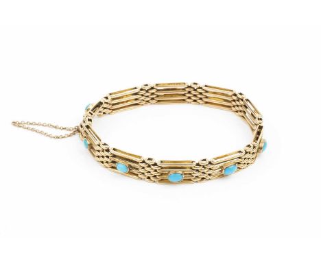 A turquoise set bracelet, of gate-link design, collet set with oval turquoise cabochons, yellow precious metal mounted, lengt