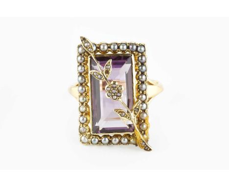 An amethyst and half pearl panel ring, the rectangular step-cut amethyst applied with a half pearl set floral and foliate spr