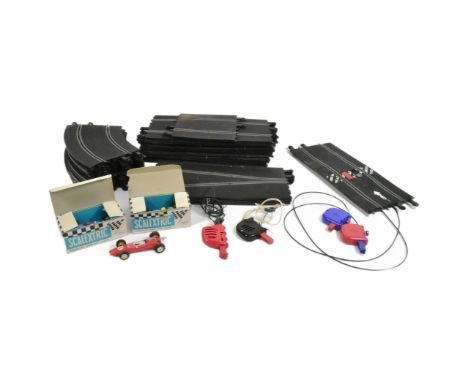 Scalextric - a collection of x3 slot car racing Scalextric cars (2 boxed), 3 controllers and a selection of track. To include