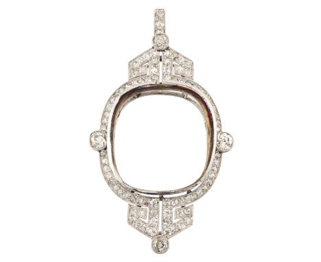 An Art Deco diamond pendant mount, central stone deficient, the cushion shaped setting with old-brilliant-cut diamond border 