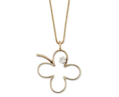 A diamond-set four leaf clover pendant, of openwork design, claw set with a brilliant-cut diamond, suspended on a box link ch