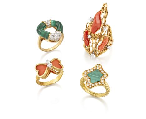 A group of rings, comprising: an 18ct gold coral and diamond ring, by Piaget, Birmingham import hallmarks, 1972, approximate 