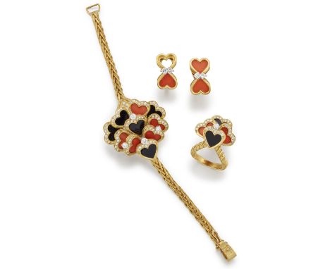 Gabriel Shine. An 18ct gold onyx, coral and diamond suite, comprising a bracelet and matching ring, composed of a cluster of 