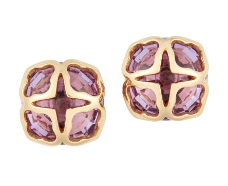 Chopard. A pair of 18ct rose gold amethyst 'Imperiale' earrings, a briolette-cut amethyst within a lattice mount, post fittin