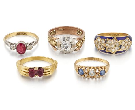 AMENDMENTS: Please note that the centre stone in the three stone ring is a garnet topped doublet, and not a ruby as catalogue