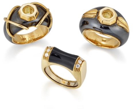 A group of rings, comprising: an 18ct gold onyx and diamond ring, London import hallmarks, 1976, approximate ring size N; and