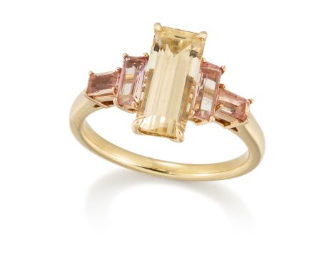 A gold five stone topaz ring, the central step-cut yellow topaz with a pair of step-cut pink topazes either side, to plain ho