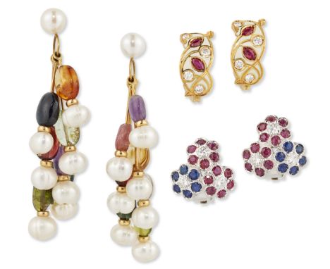 Three pairs of earrings, comprising: a pair of diamond, ruby and sapphire ear clips, length 1.6cm a pair of Italian ruby, dia