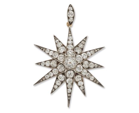 A Victorian diamond star brooch/pendant, designed as a twelve pointed star pavé set with old-brilliant diamonds, each ray wit