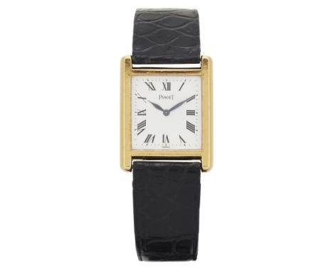 Piaget. A yellow gold quartz rectangular wristwatch, Circa 1980Reference 70802White dial with black Roman numerals, cathedral