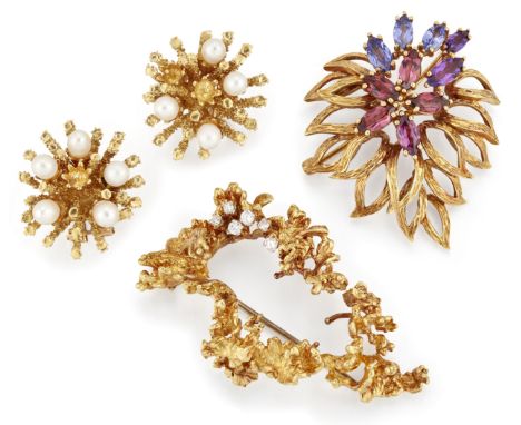 A group of jewellery, comprising: a diamond set brooch, by George Weil, circa 1960; an 18ct gold garnet, amethyst and tanzani