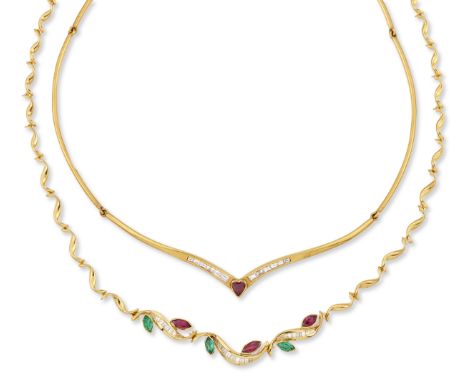 Two necklaces, comprising: a ruby and diamond necklace with 'V' shaped centrepiece set with a heart shaped ruby and baguette-