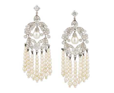 A pair of Belle Époque, platinum, diamond and pearl drop earrings, each designed as an old-brilliant-cut diamond garland pane