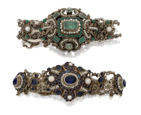 A late 19th century Austro-Hungarian emerald and seed pearl silver gilt bracelet, with three panels of closed-set emeralds, s