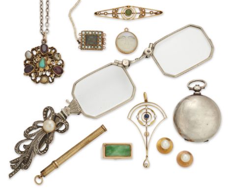 A group of jewellery and silver, including: a gold mounted carved 'man in the moon' moonstone pendant, approximate diameter 1