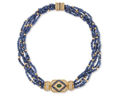 A sapphire, emerald and diamond necklace, the plaque centrepiece with an oval cabochon emerald to lozenge border of calibré c