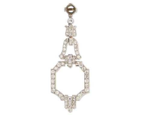 A single Art Deco diamond earring, designed as a brilliant-cut diamond hexagonal shaped openwork drop (central drop deficient