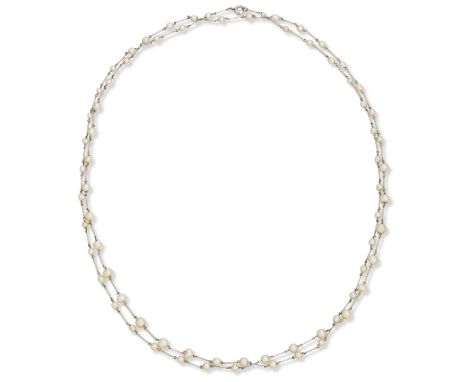 A platinum and pearl chain, a series of slightly graduated pearls, wire strung, with bar links between, length 106cm (VAT cha