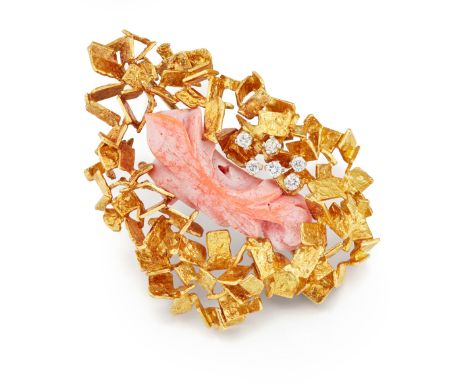 A coral and diamond brooch, attributed to George Weil, the central carved coral with brilliant-cut diamond accents, to abstra