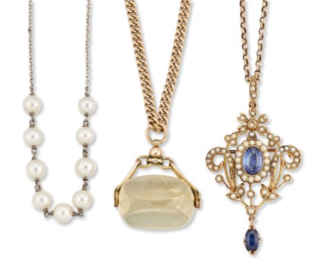 A group of jewellery, comprising: an Edwardian 9ct gold synthetic sapphire and half pearl pendant, on belcher-link chain; a 9