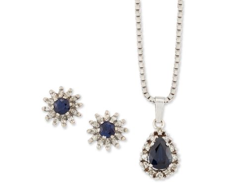 An 18ct white gold sapphire and diamond pendant, of cluster design, the pear-cut sapphire to surround of single-cut diamonds,