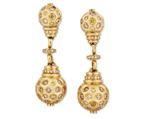 Barzizza Capra & Ponzone. A pair of Italian diamond and fancy diamond earrings, of drop form, designed as two graduated spher