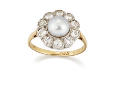 A diamond and cultured pearl cluster ring, early 20th century, the central light grey cultured pearl framed by ten old and br