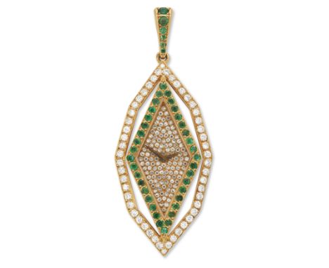 Vacheron Constantin. An 18ct gold, diamond and emerald set manual wind pendant watch, Circa 1980Case number 538736Pavé diamon