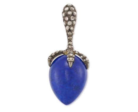 A lapis lazuli and diamond claw brooch, the rose-cut diamond set claw clasping a pear shaped lapis lazuli cabochon, to pin an