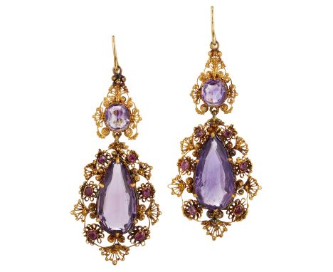 A pair of 19th century gold, amethyst and ruby cannetille drop earrings, each composed of a pear-cut amethyst with cannetille